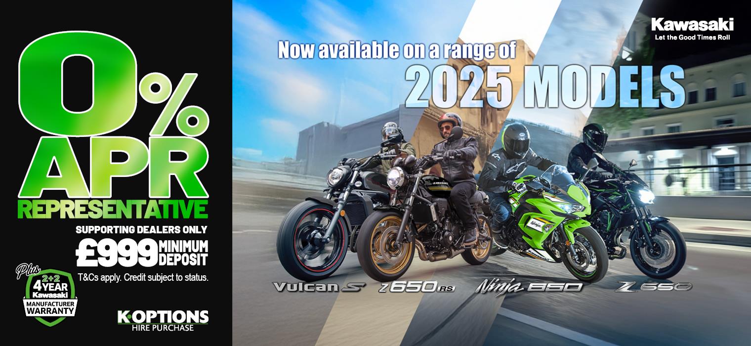 Enjoy 0% APR on HP and 5.9% PCP APR Representative on a wide range of Kawasaki machines!