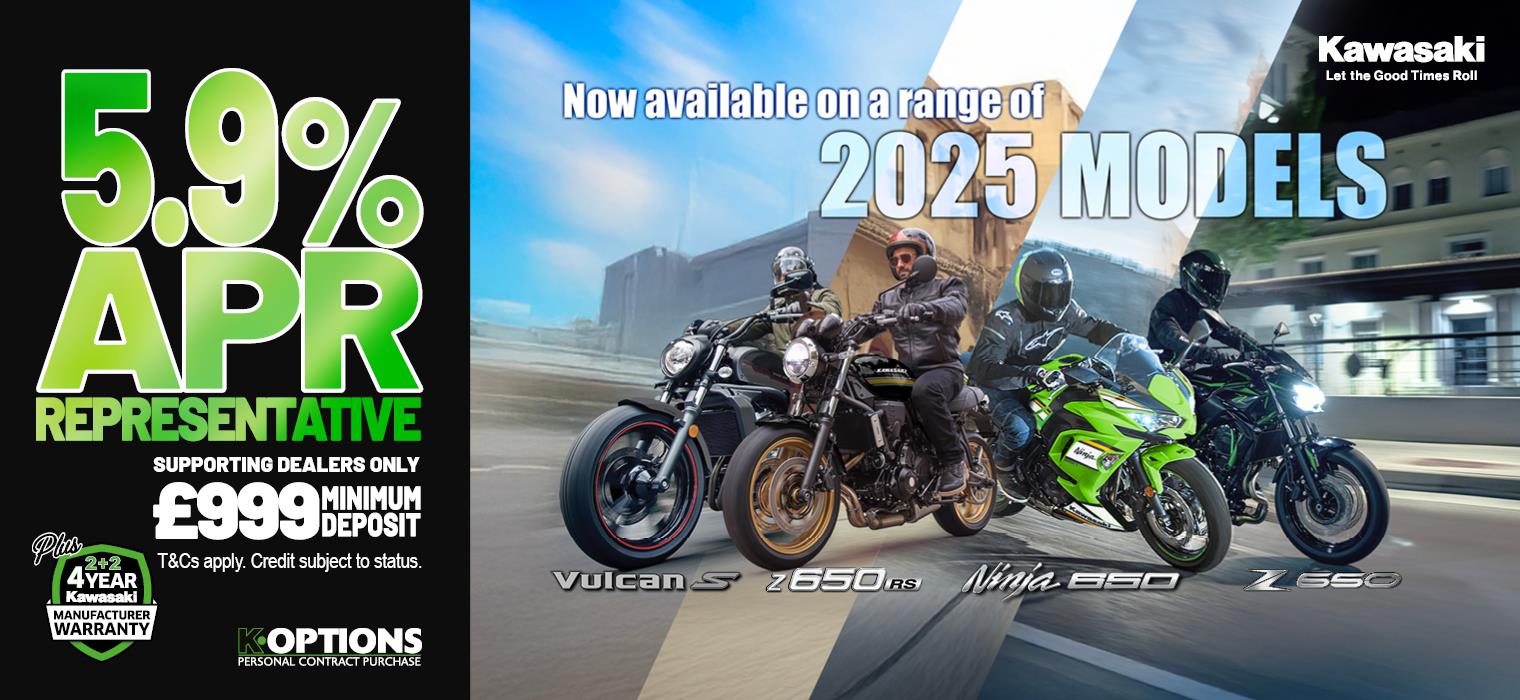 Enjoy 0% APR on HP and 5.9% PCP APR Representative on a wide range of Kawasaki machines!