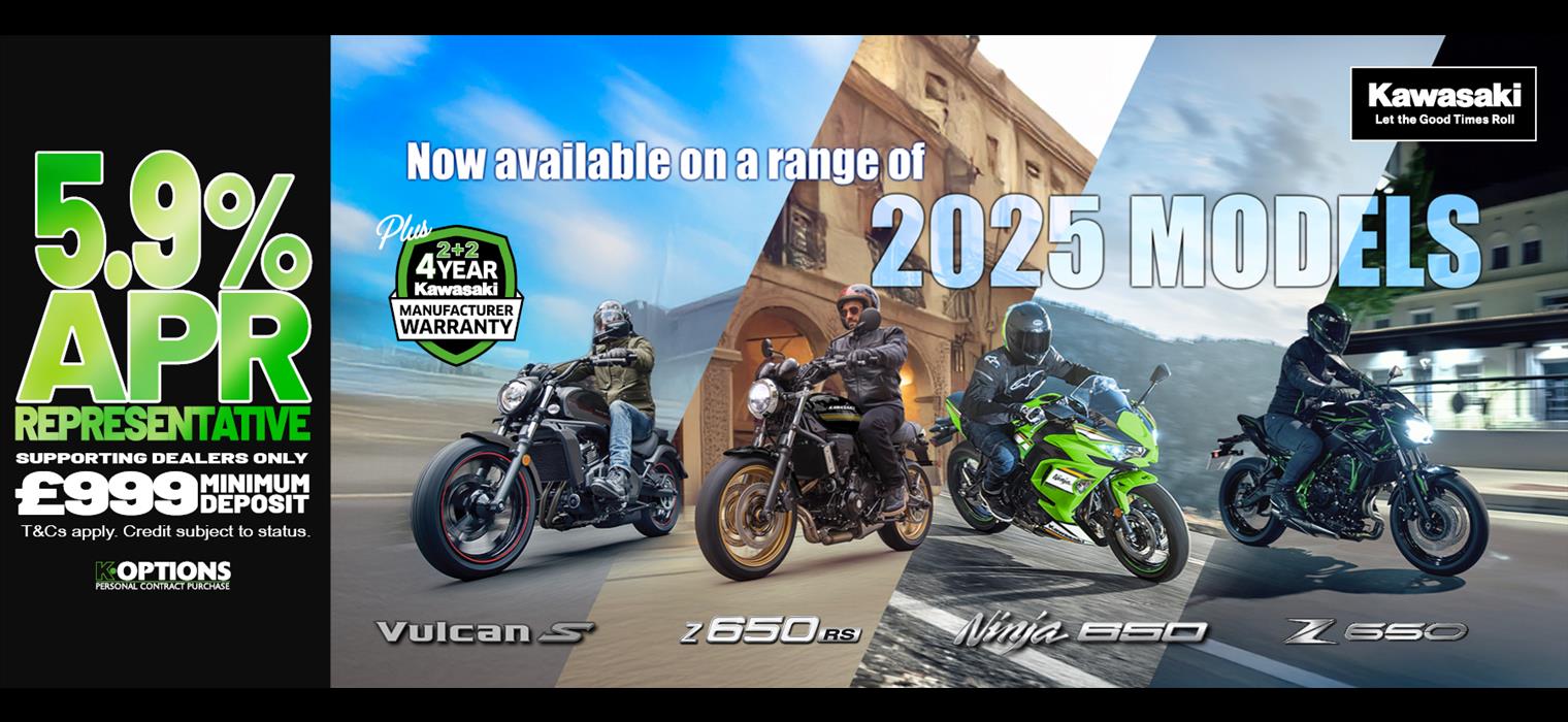 Enjoy 0% APR on HP and 5.9% PCP APR Representative on a wide range of Kawasaki machines!